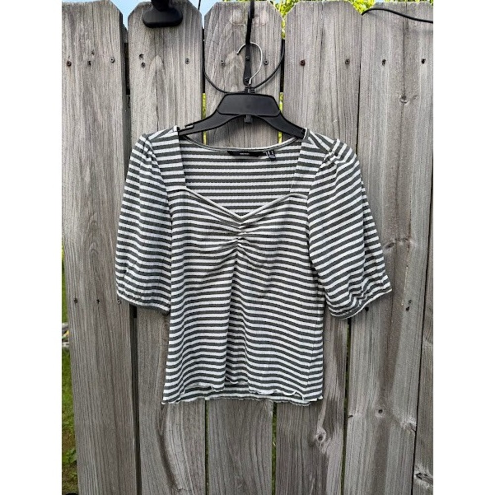 Vero Moda Womens Striped Puff Sleeve Sweetheart Neck Ribbed Top Green White M